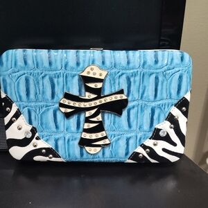 Blue Croc-Embossed Clutch with Zebra Print and Cross Accent